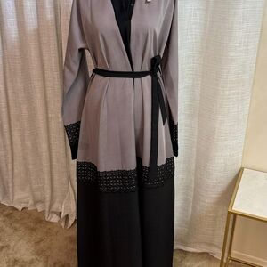 Elegant Gray and Black Long Dress with Belt